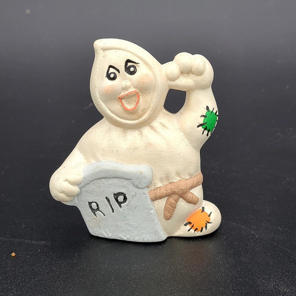 Vintage 1970s Iandola Ceramic Ghost Tombstone Hand Painted 3" Halloween Decor
